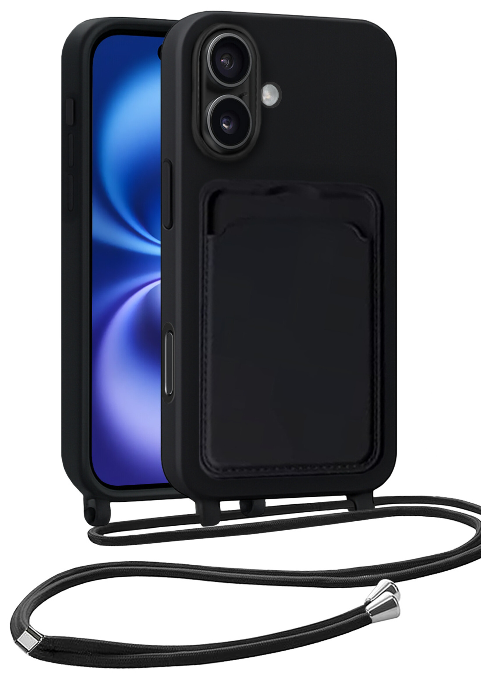 BTH BTH iPhone 16 Plus Hoesje Pashouder met Koord - Zwart