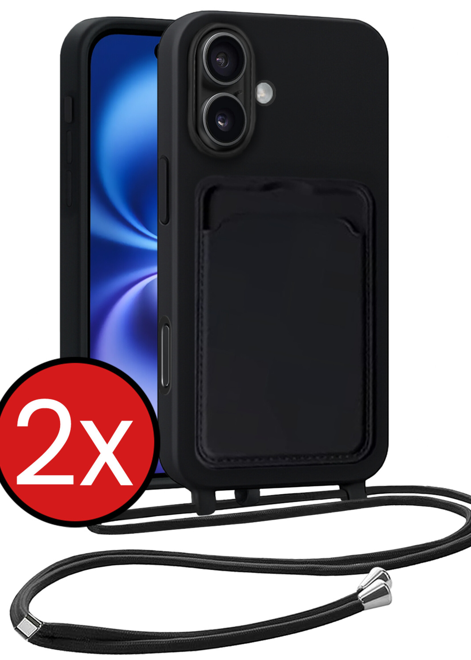 BTH BTH iPhone 16 Plus Hoesje Pashouder met Koord - Zwart - 2 PACK