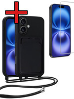BTH BTH iPhone 16 Plus Hoesje Pashouder met Koord Met Screenprotector - Zwart