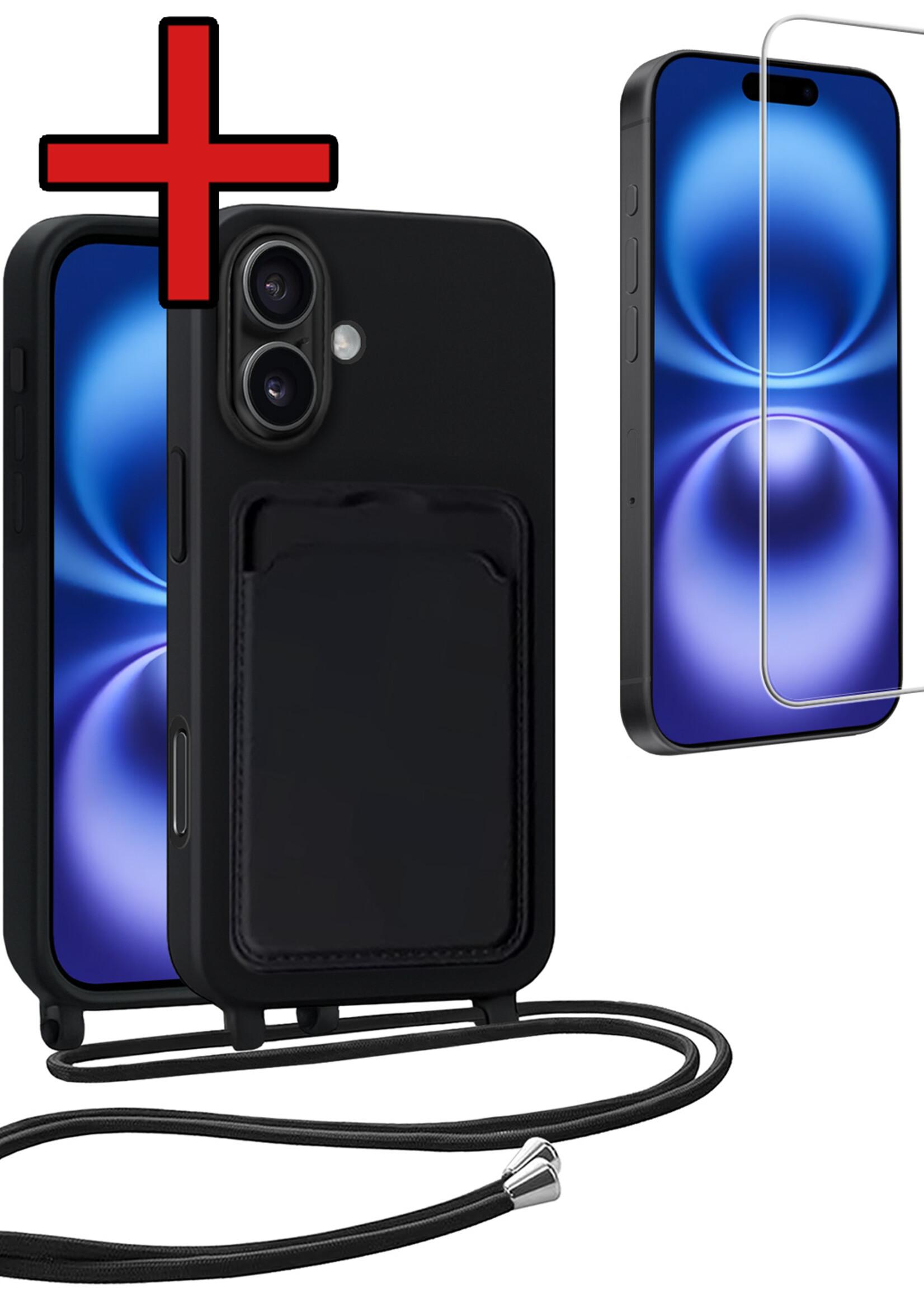 BTH BTH iPhone 16 Plus Hoesje Pashouder met Koord Met Screenprotector - Zwart