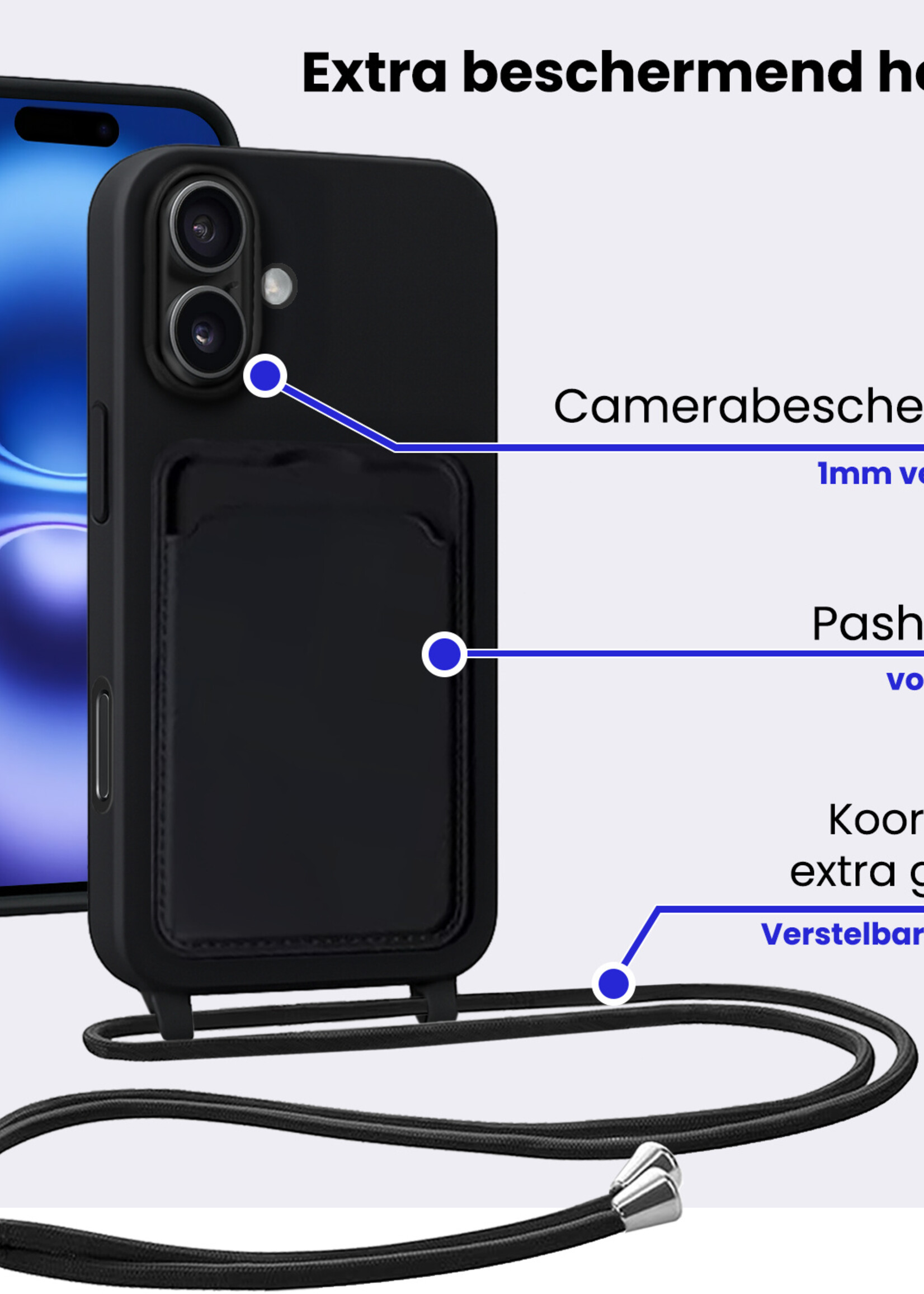 BTH BTH iPhone 16 Plus Hoesje Pashouder met Koord Met Screenprotector - Zwart