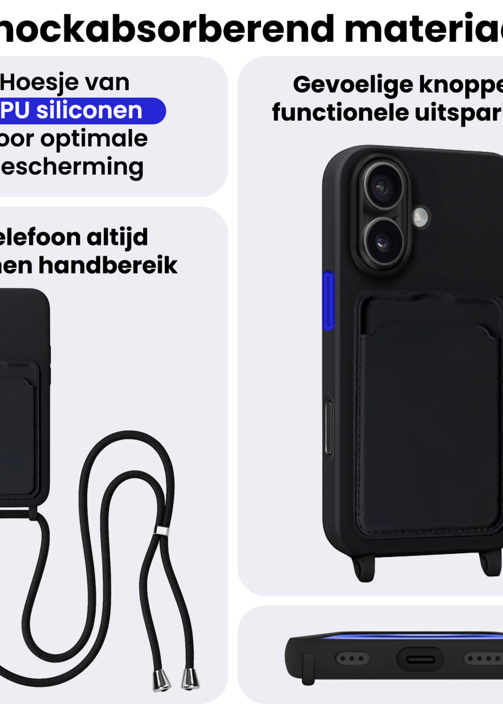 BTH BTH iPhone 16 Plus Hoesje Pashouder met Koord Met Screenprotector - Zwart