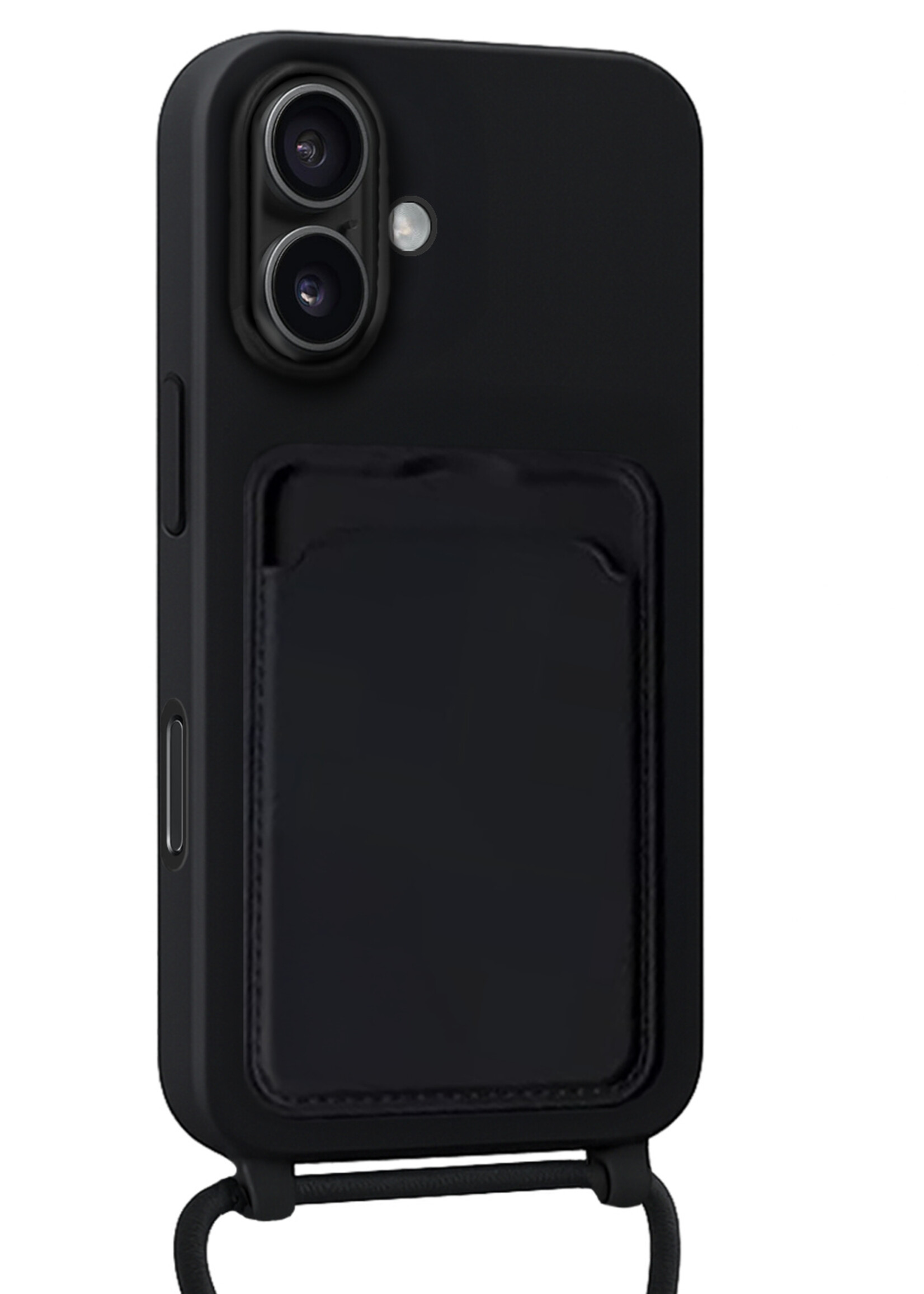 BTH BTH iPhone 16 Plus Hoesje Pashouder met Koord Met Screenprotector - Zwart