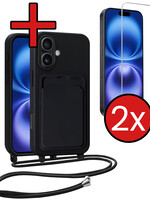 BTH BTH iPhone 16 Plus Hoesje Pashouder met Koord Met 2x Screenprotector - Zwart