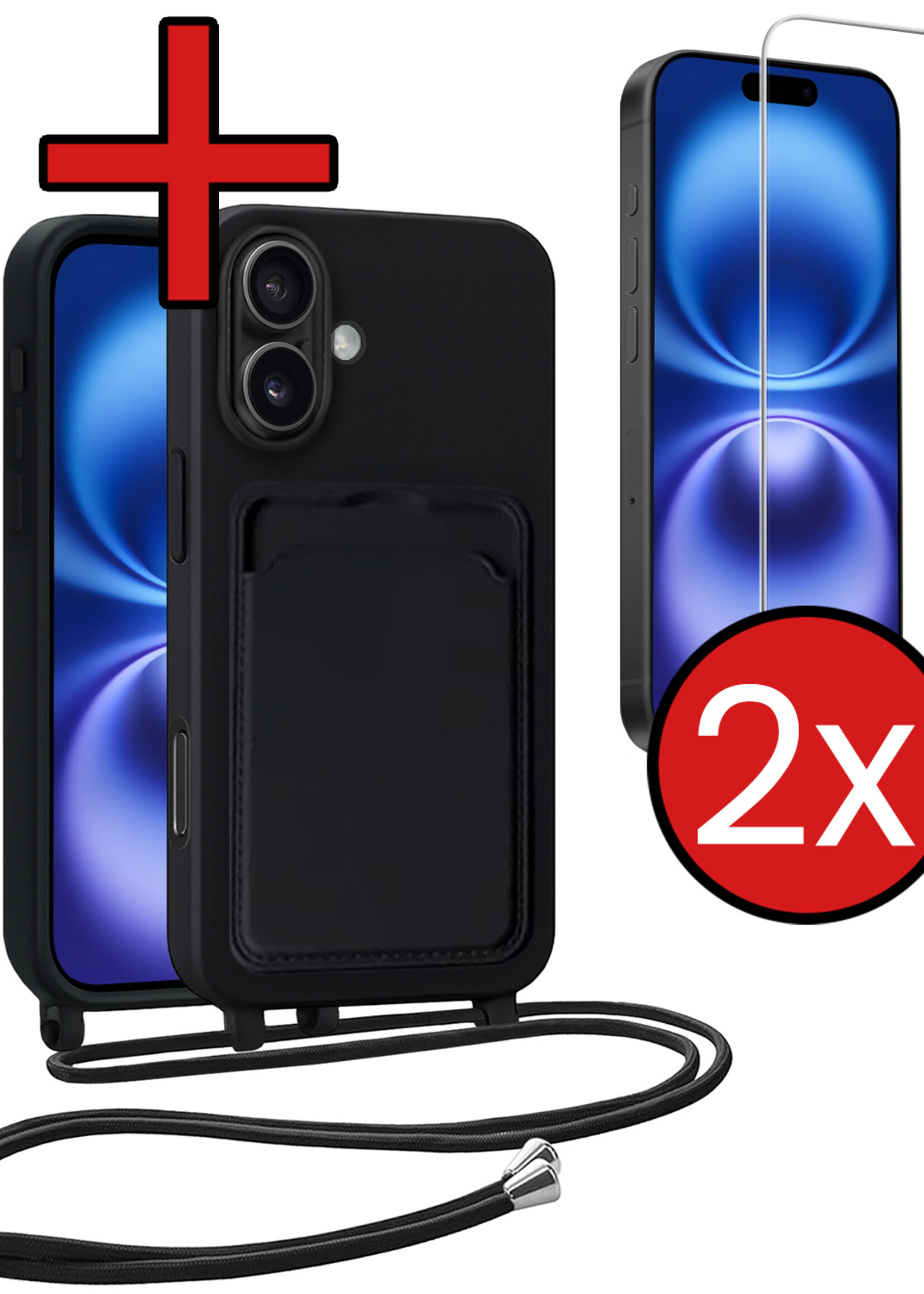 BTH BTH iPhone 16 Plus Hoesje Pashouder met Koord Met 2x Screenprotector - Zwart
