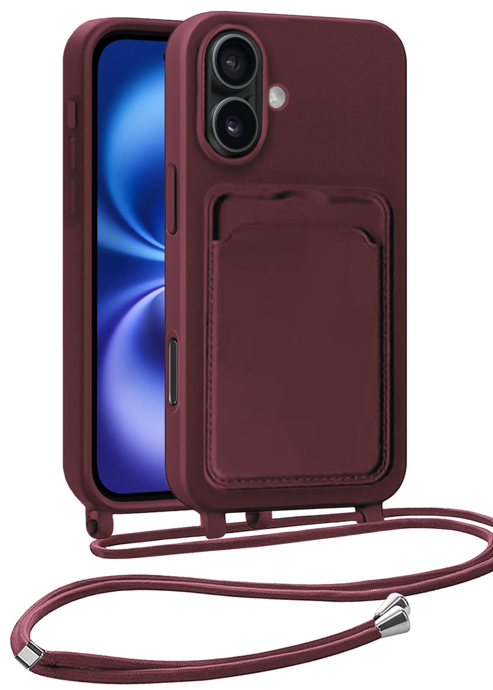 BTH BTH iPhone 16 Hoesje Pashouder met Koord - Aubergine