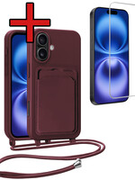 BTH BTH iPhone 16 Hoesje Pashouder met Koord Met Screenprotector - Aubergine