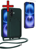BTH BTH iPhone 16 Hoesje Pashouder met Koord Met Screenprotector - Donkergroen