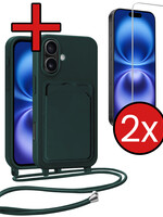BTH BTH iPhone 16 Hoesje Pashouder met Koord Met 2x Screenprotector - Donkergroen