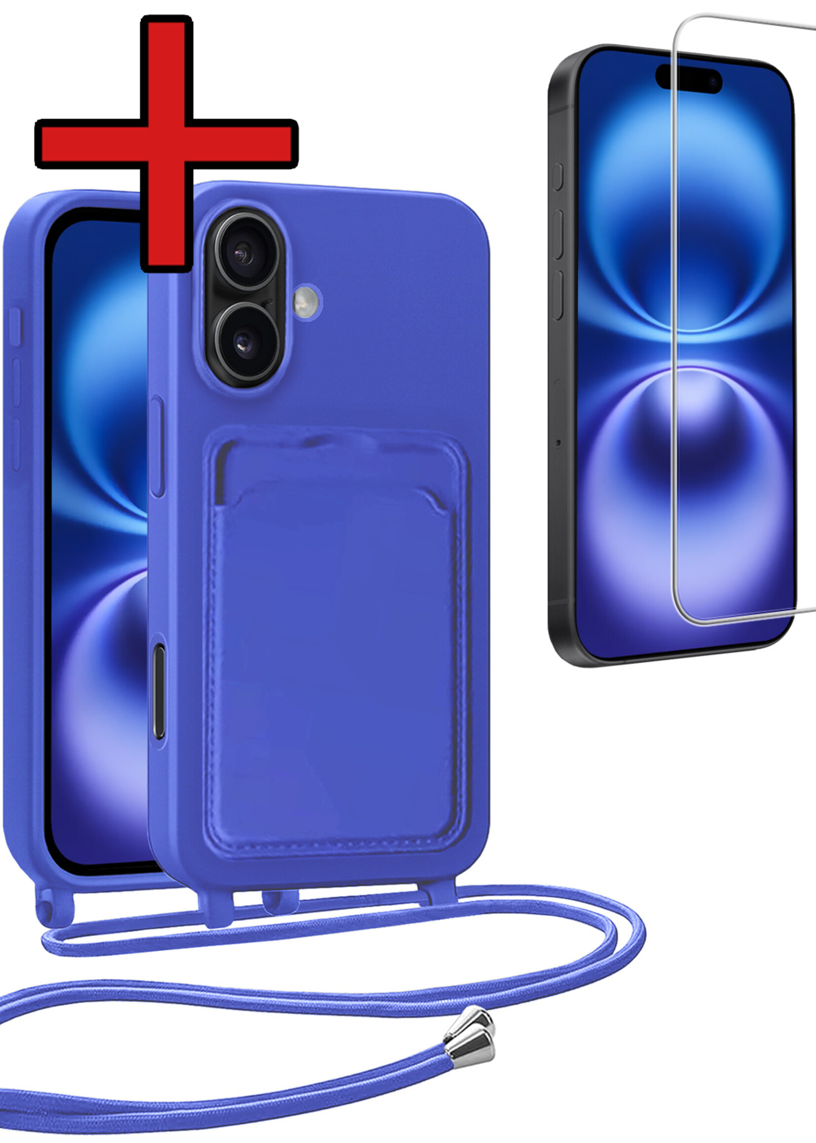 BTH BTH iPhone 16 Hoesje Pashouder met Koord Met Screenprotector - Fel Blauw