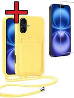 BTH BTH iPhone 16 Hoesje Pashouder met Koord Met Screenprotector - Geel