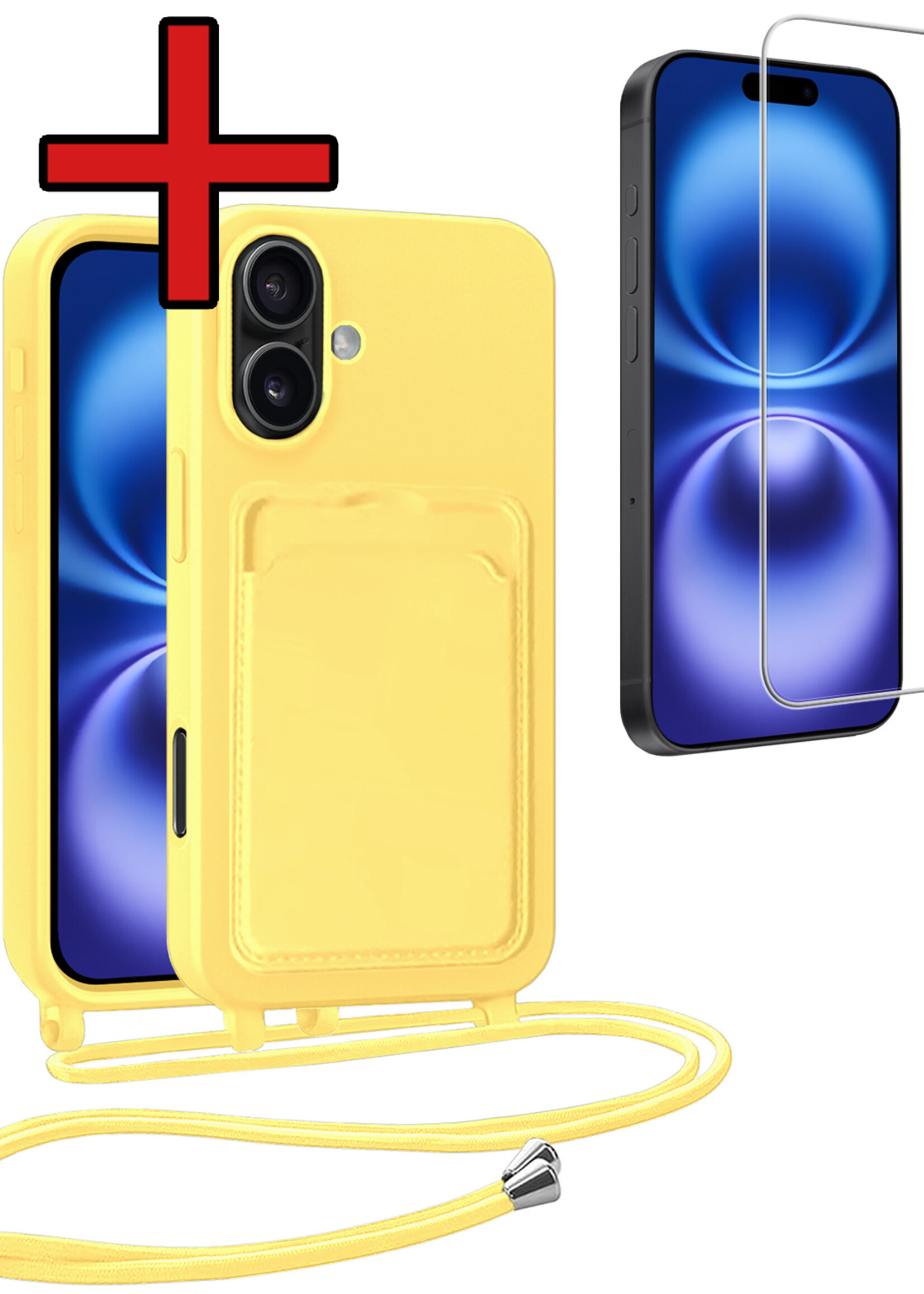 BTH BTH iPhone 16 Hoesje Pashouder met Koord Met Screenprotector - Geel
