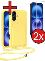 BTH BTH iPhone 16 Hoesje Pashouder met Koord Met 2x Screenprotector - Geel