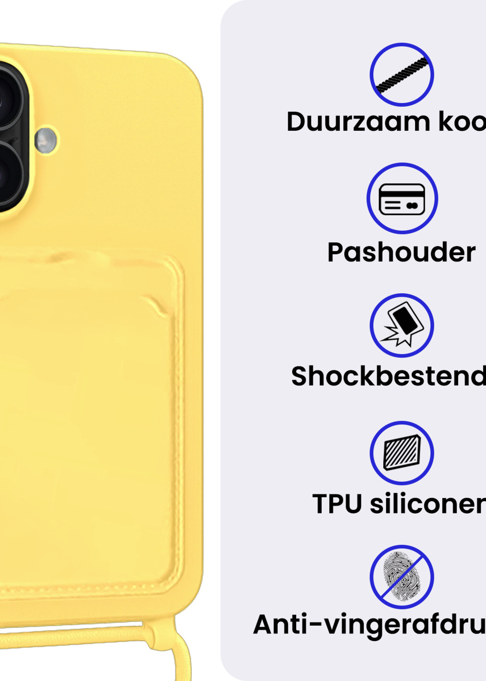 BTH BTH iPhone 16 Hoesje Pashouder met Koord Met 2x Screenprotector - Geel