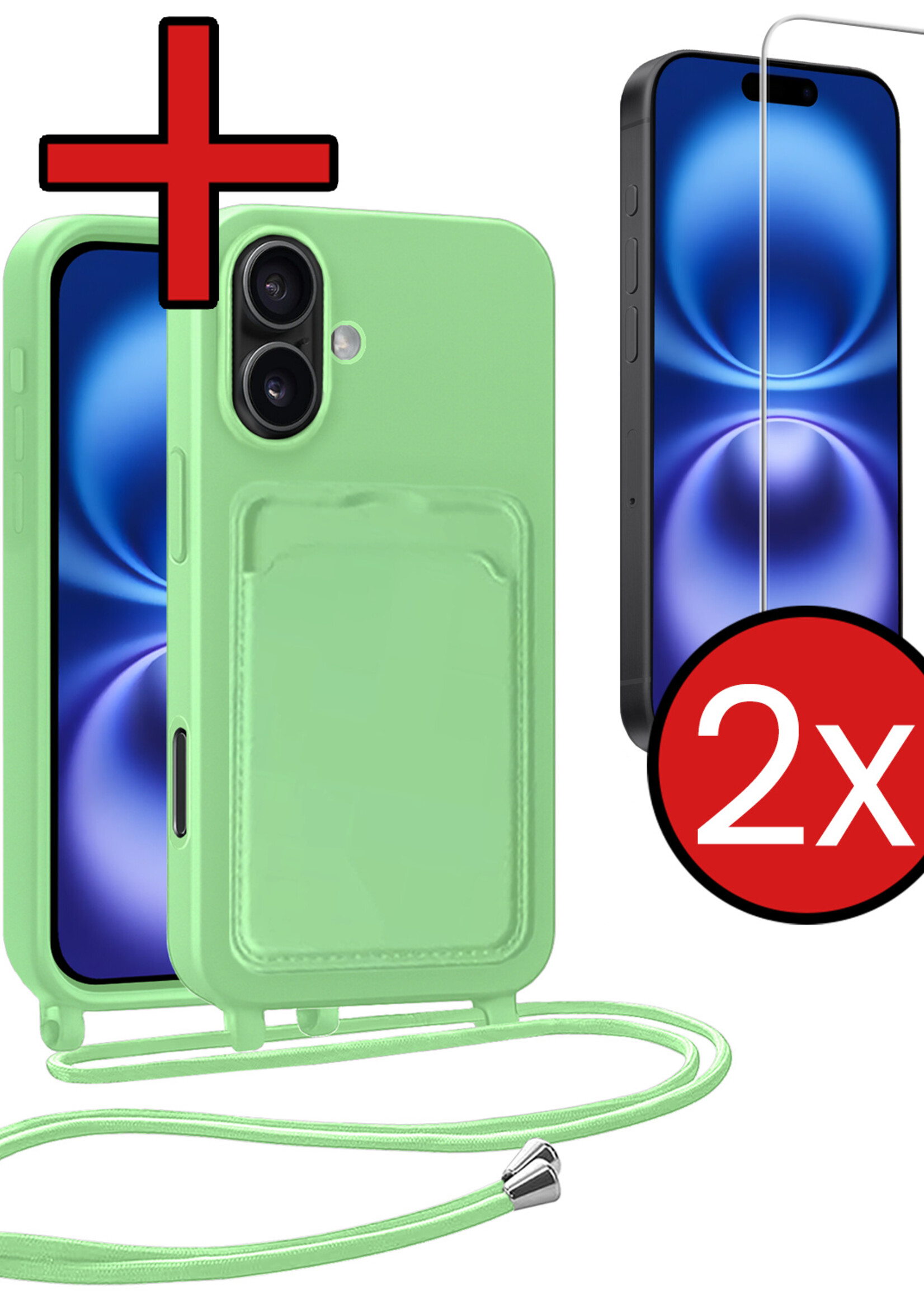 BTH BTH iPhone 16 Hoesje Pashouder met Koord Met 2x Screenprotector - Groen