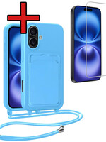 BTH BTH iPhone 16 Hoesje Pashouder met Koord Met Screenprotector - Lichtblauw