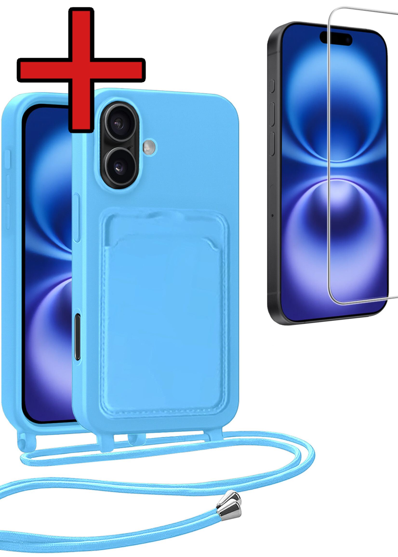 BTH BTH iPhone 16 Hoesje Pashouder met Koord Met Screenprotector - Lichtblauw