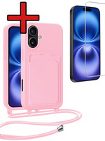 BTH BTH iPhone 16 Hoesje Pashouder met Koord Met Screenprotector - Lichtroze