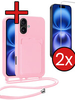 BTH BTH iPhone 16 Hoesje Pashouder met Koord Met 2x Screenprotector - Lichtroze
