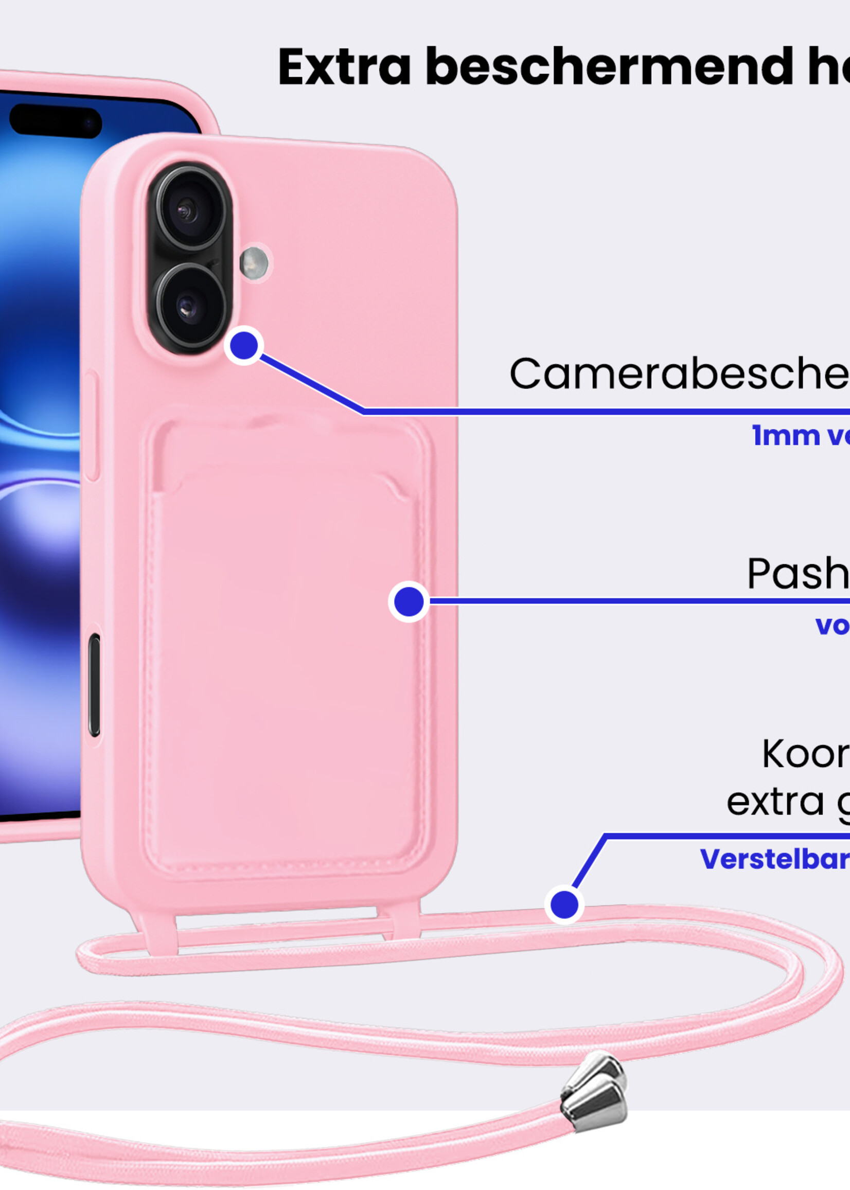 BTH BTH iPhone 16 Hoesje Pashouder met Koord Met 2x Screenprotector - Lichtroze