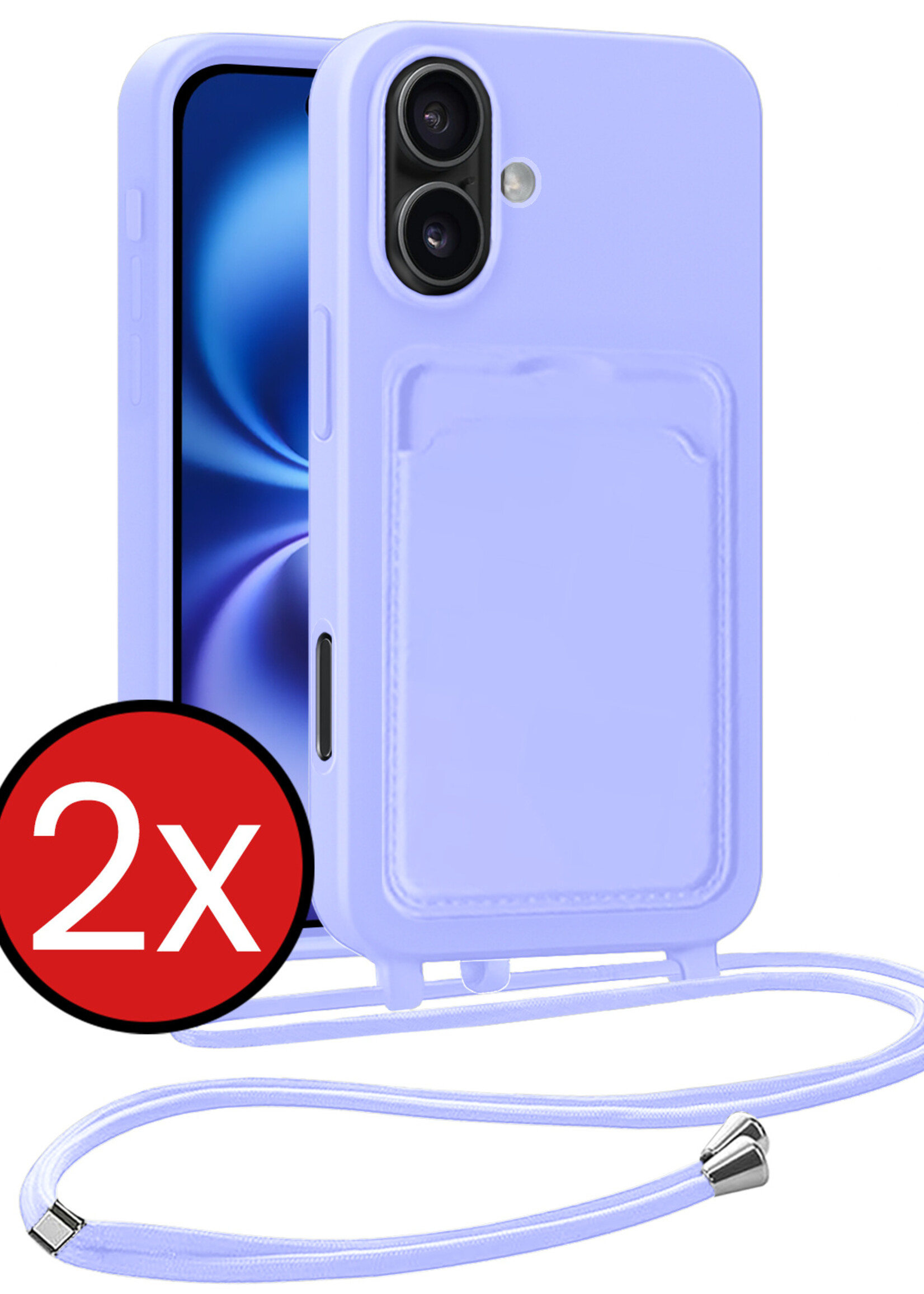 BTH BTH iPhone 16 Hoesje Pashouder met Koord - Lila - 2 PACK