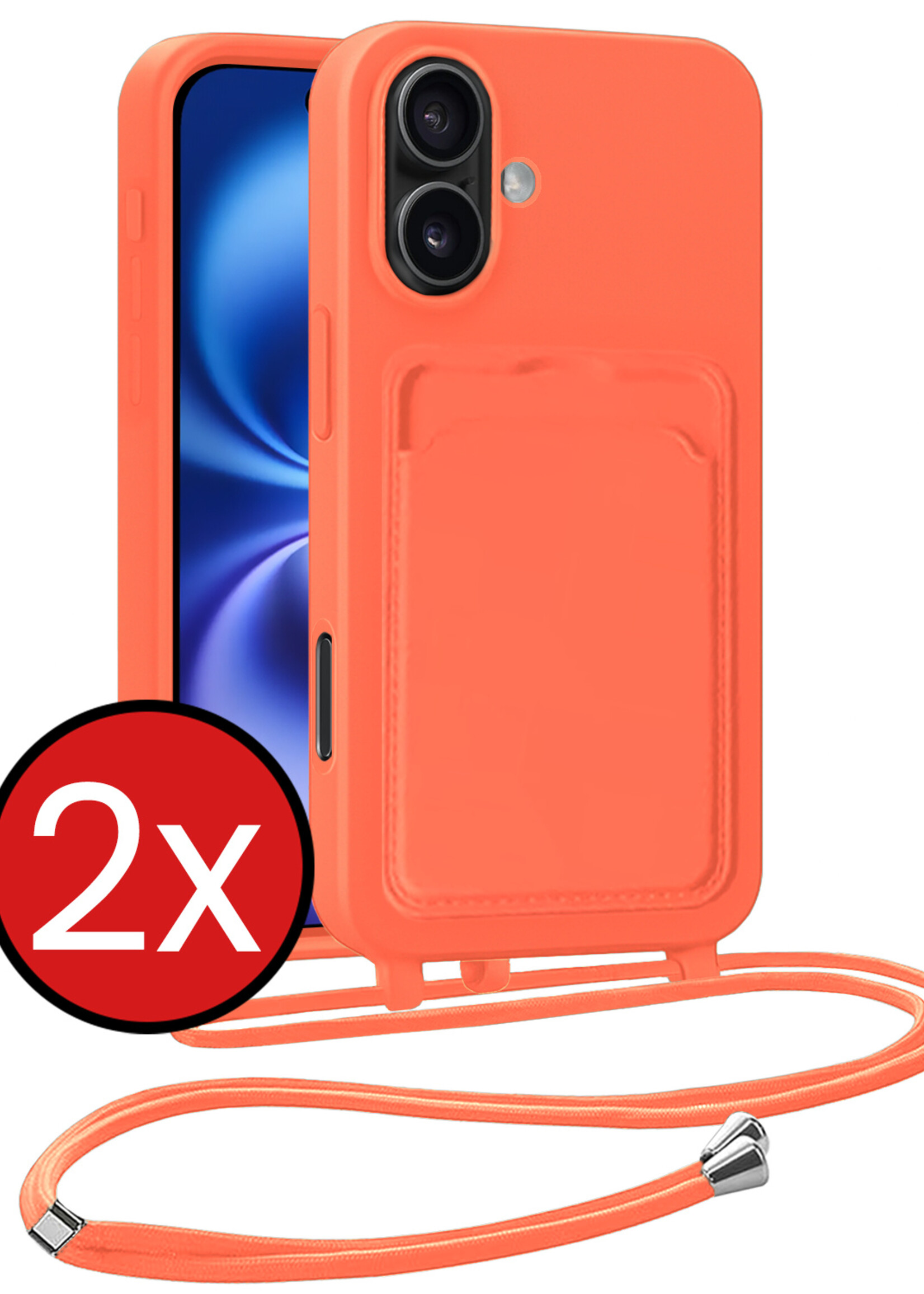 BTH BTH iPhone 16 Hoesje Pashouder met Koord - Papaya - 2 PACK