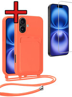 BTH BTH iPhone 16 Hoesje Pashouder met Koord Met Screenprotector - Papaya
