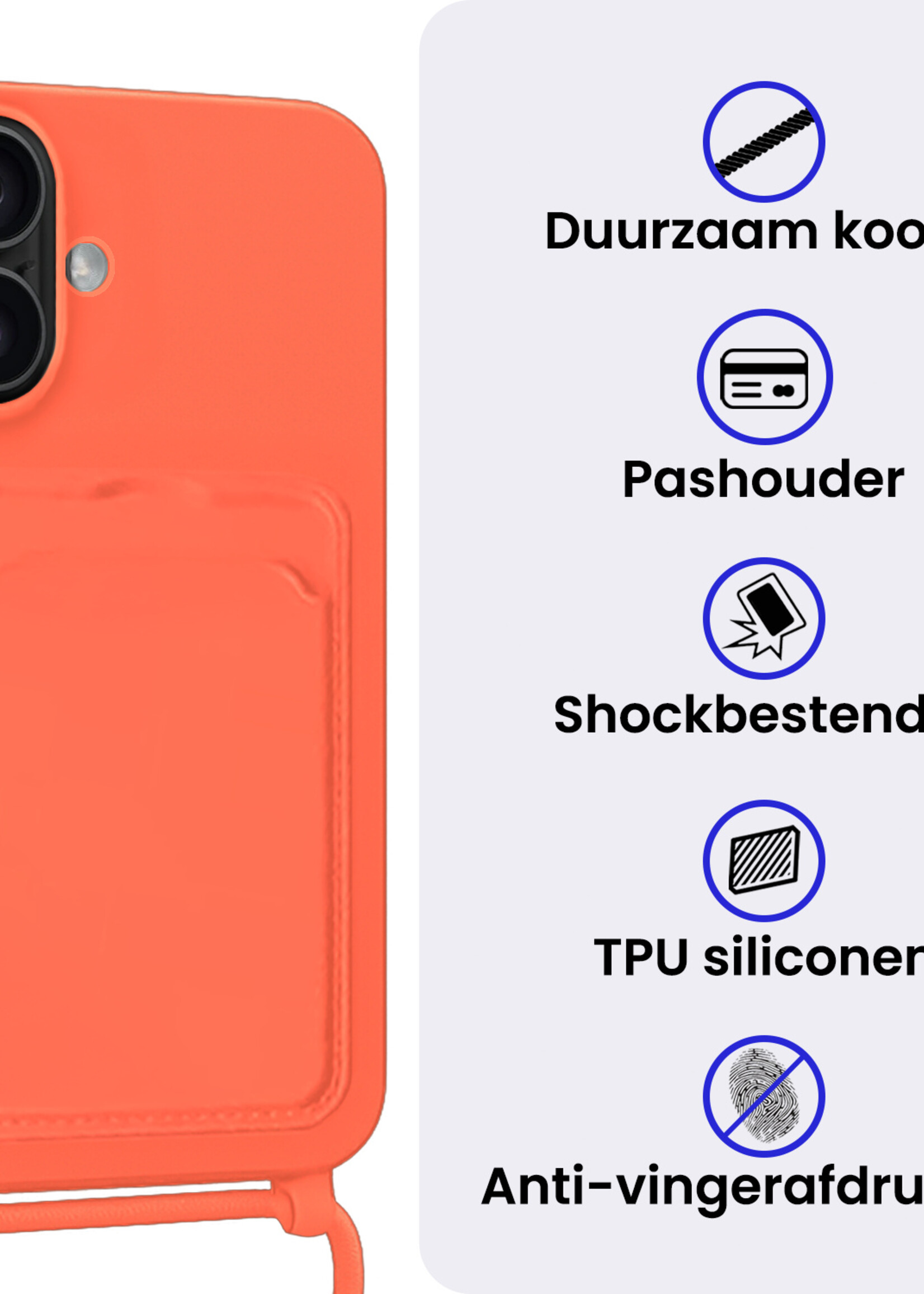 BTH BTH iPhone 16 Hoesje Pashouder met Koord Met Screenprotector - Papaya