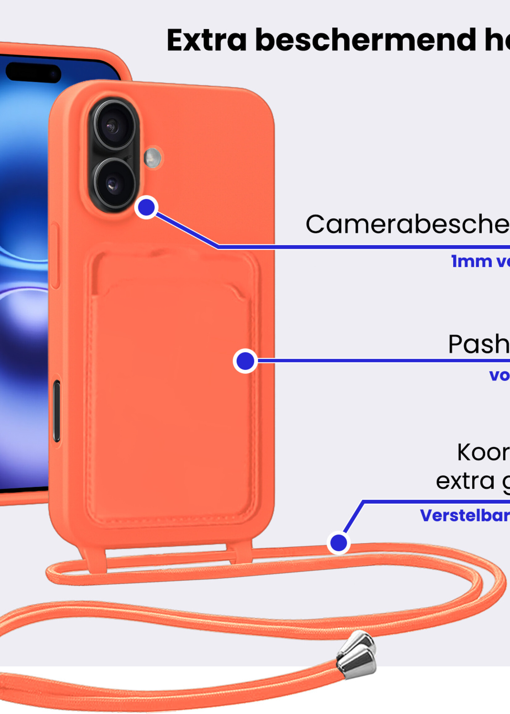 BTH BTH iPhone 16 Hoesje Pashouder met Koord Met Screenprotector - Papaya