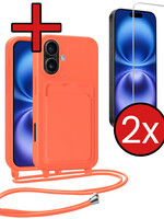 BTH BTH iPhone 16 Hoesje Pashouder met Koord Met 2x Screenprotector - Papaya