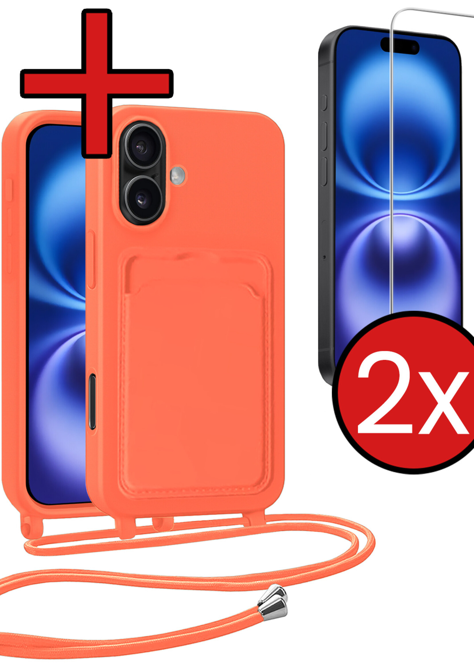 BTH BTH iPhone 16 Hoesje Pashouder met Koord Met 2x Screenprotector - Papaya