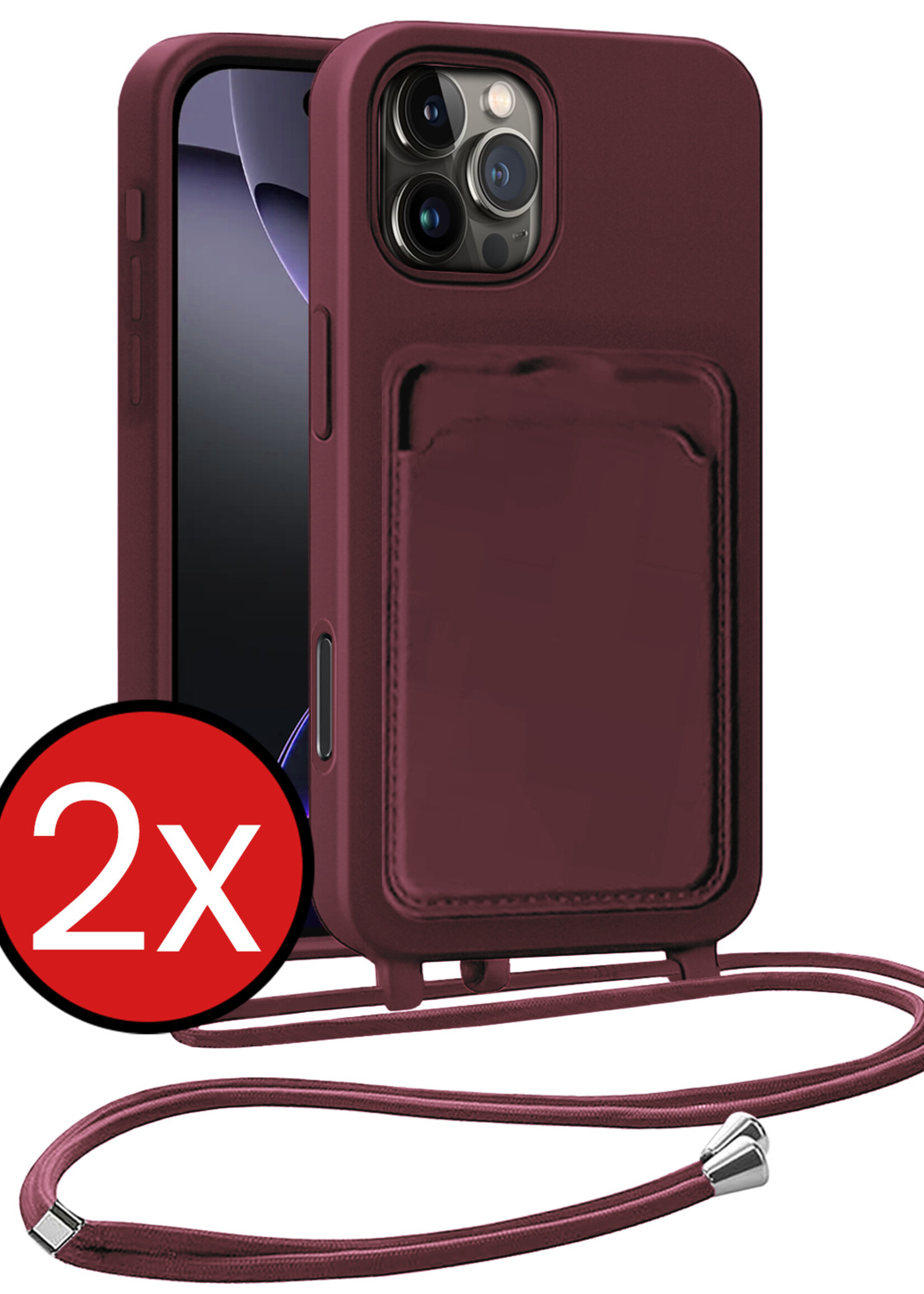 BTH BTH iPhone 16 Pro Hoesje Pashouder met Koord - Aubergine - 2 PACK