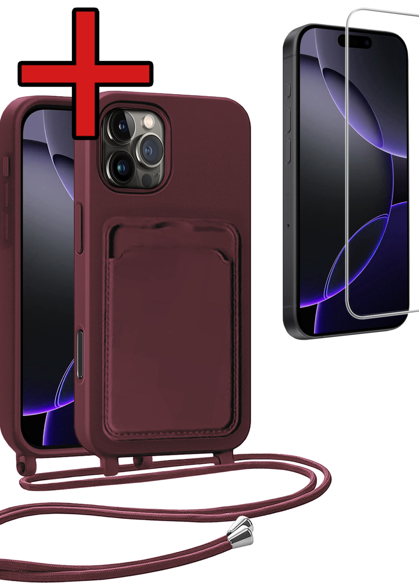 BTH BTH iPhone 16 Pro Hoesje Pashouder met Koord Met Screenprotector - Aubergine
