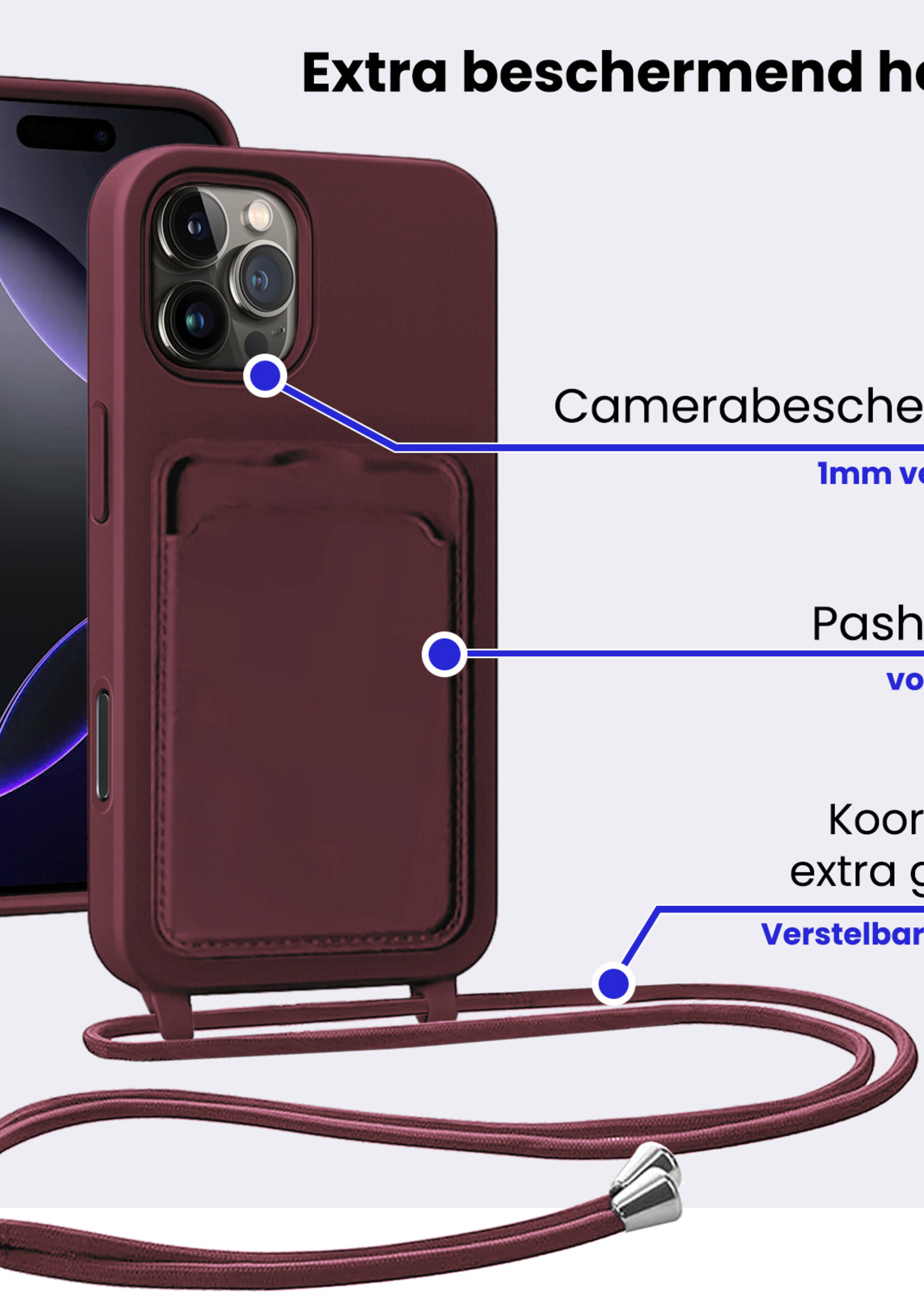 BTH BTH iPhone 16 Pro Hoesje Pashouder met Koord Met Screenprotector - Aubergine