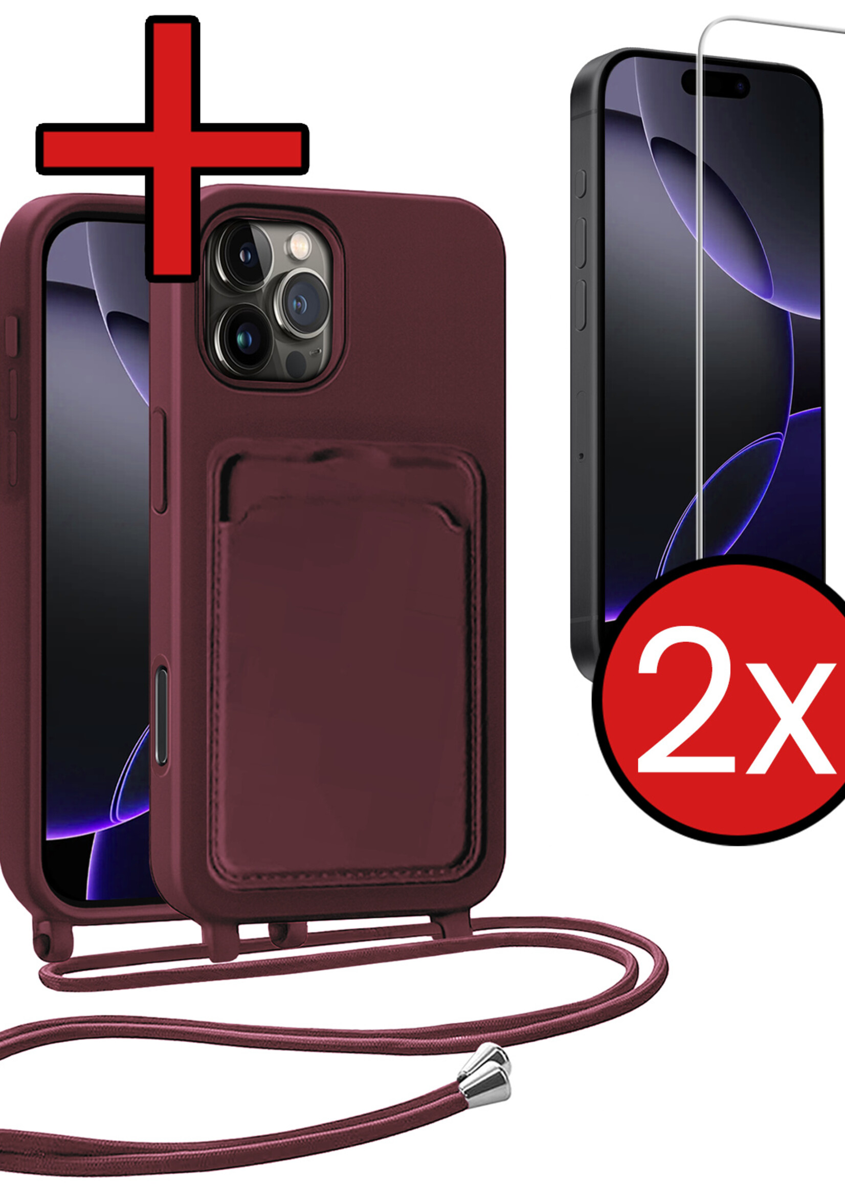 BTH BTH iPhone 16 Pro Hoesje Pashouder met Koord Met 2x Screenprotector - Aubergine