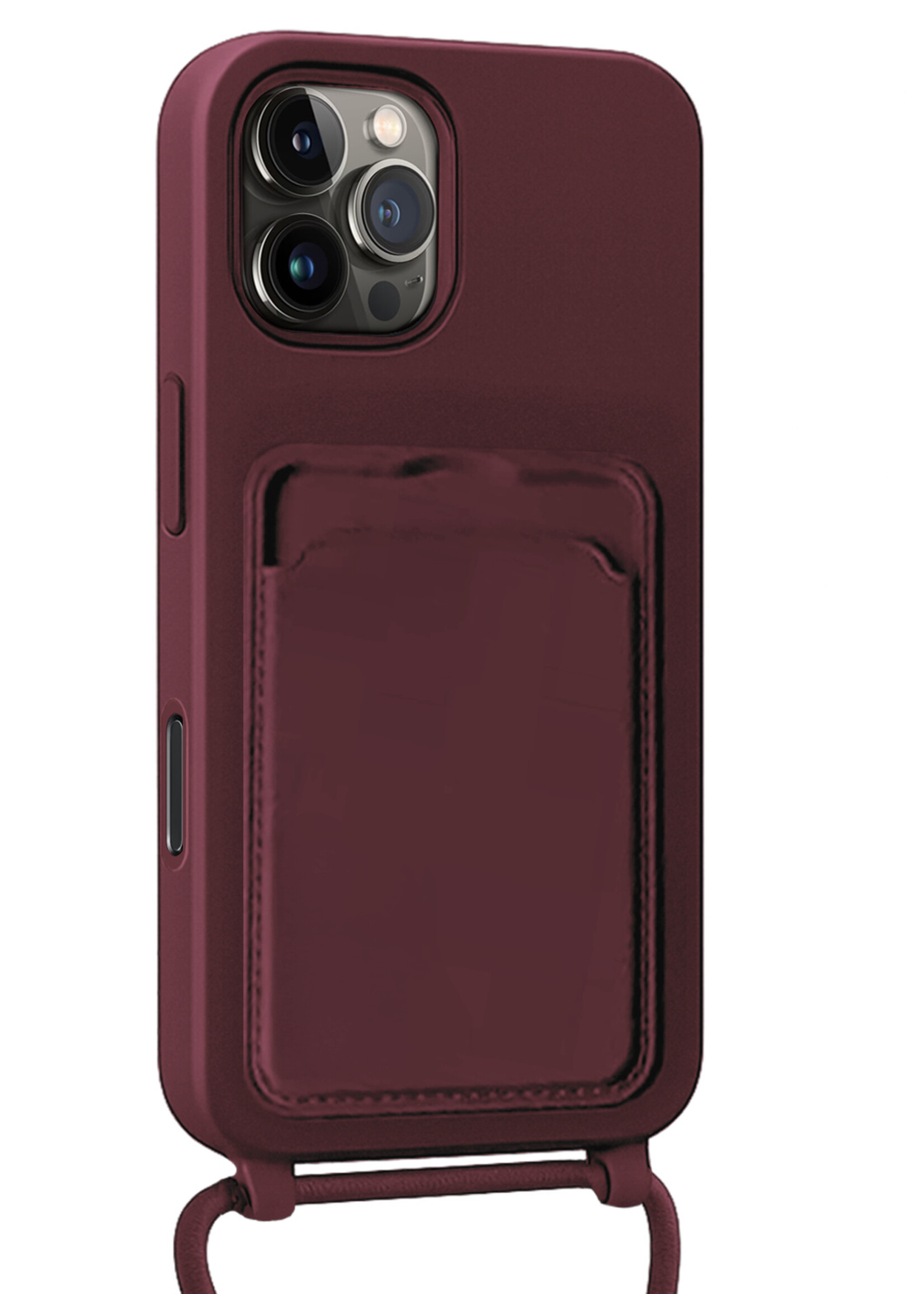 BTH BTH iPhone 16 Pro Hoesje Pashouder met Koord Met 2x Screenprotector - Aubergine