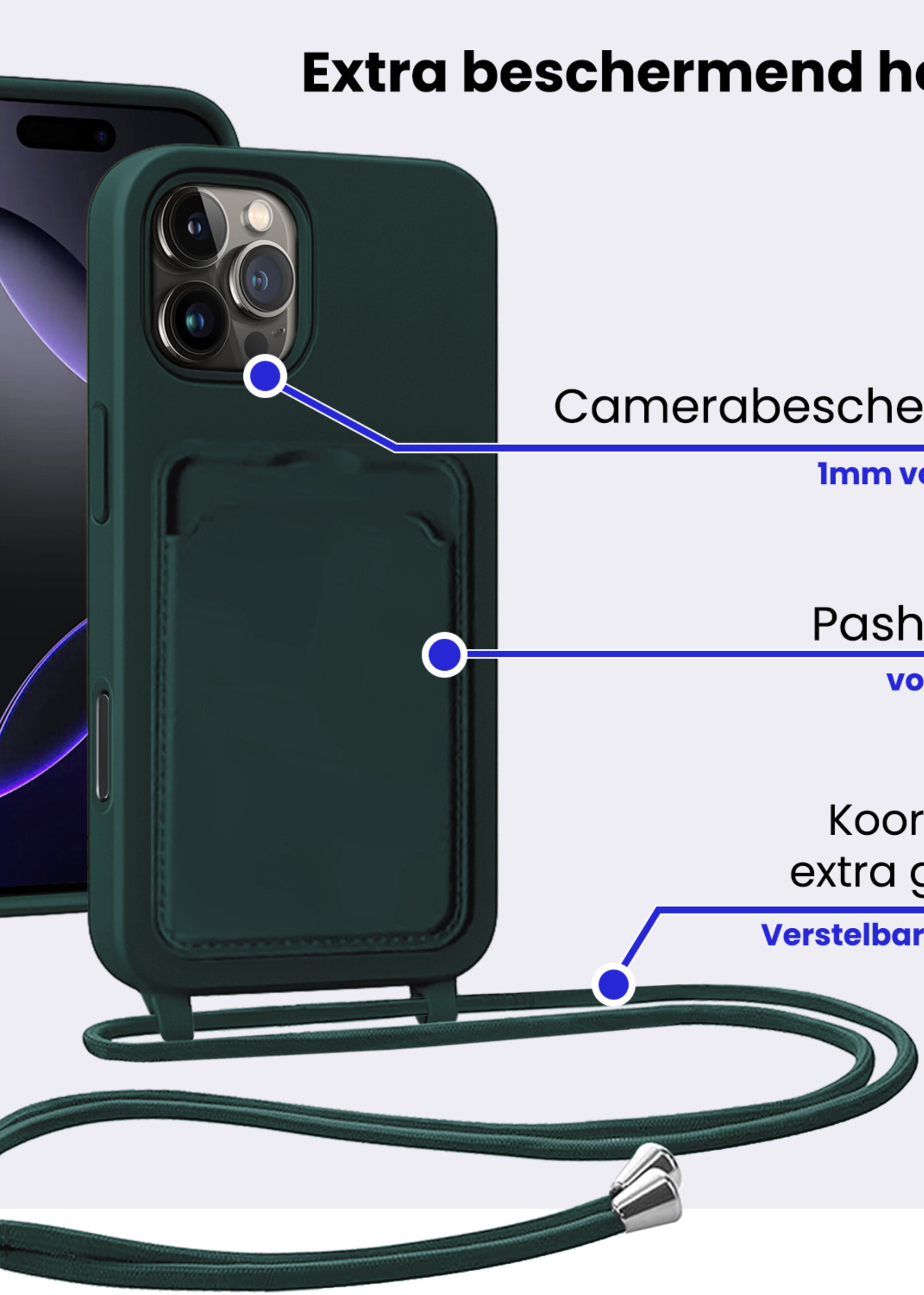 BTH BTH iPhone 16 Pro Hoesje Pashouder met Koord - Donkergroen