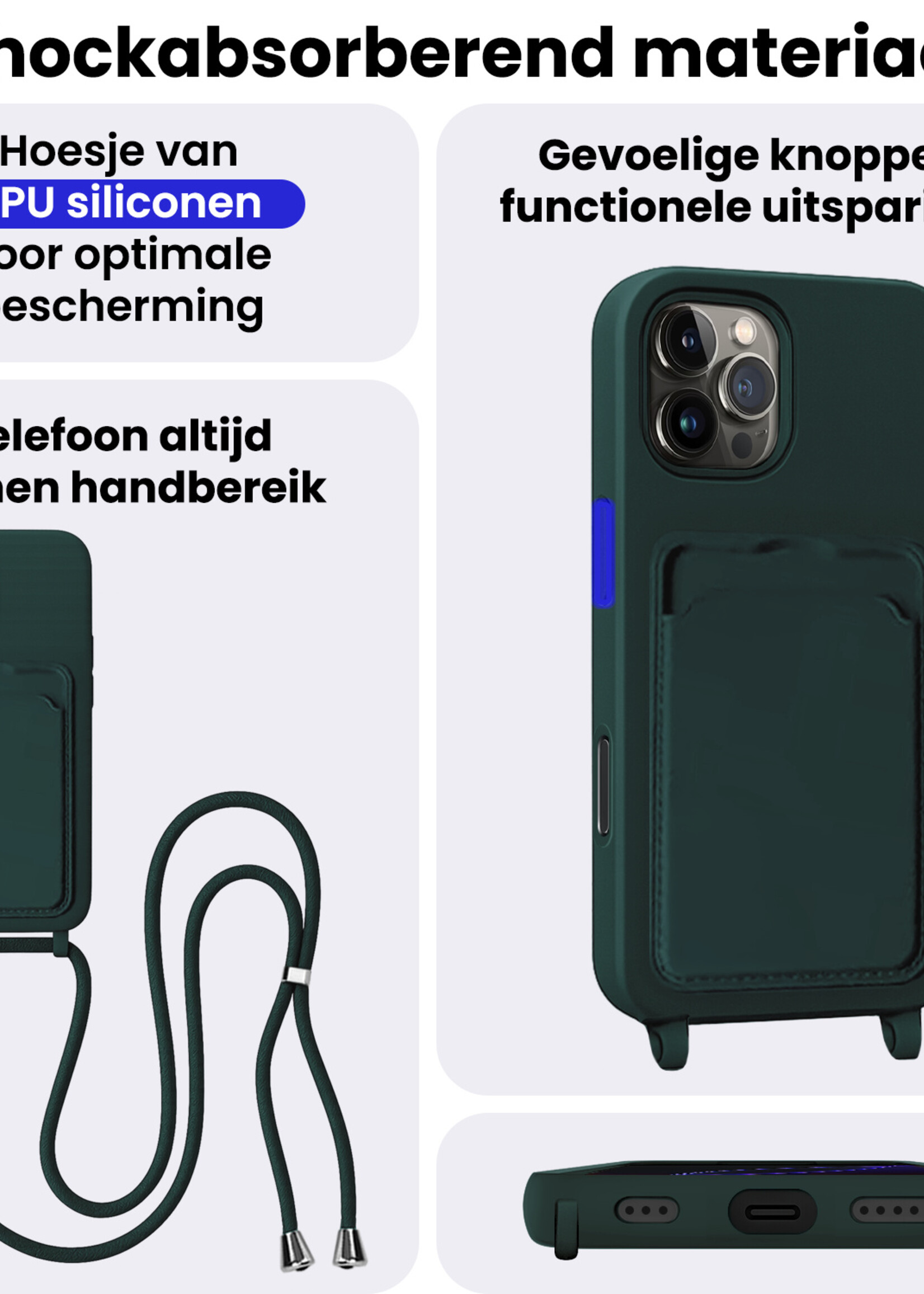 BTH BTH iPhone 16 Pro Hoesje Pashouder met Koord - Donkergroen
