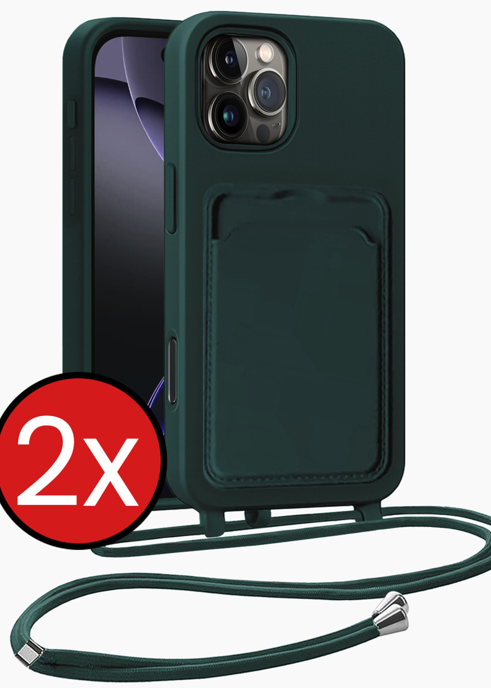 BTH BTH iPhone 16 Pro Hoesje Pashouder met Koord - Donkergroen - 2 PACK