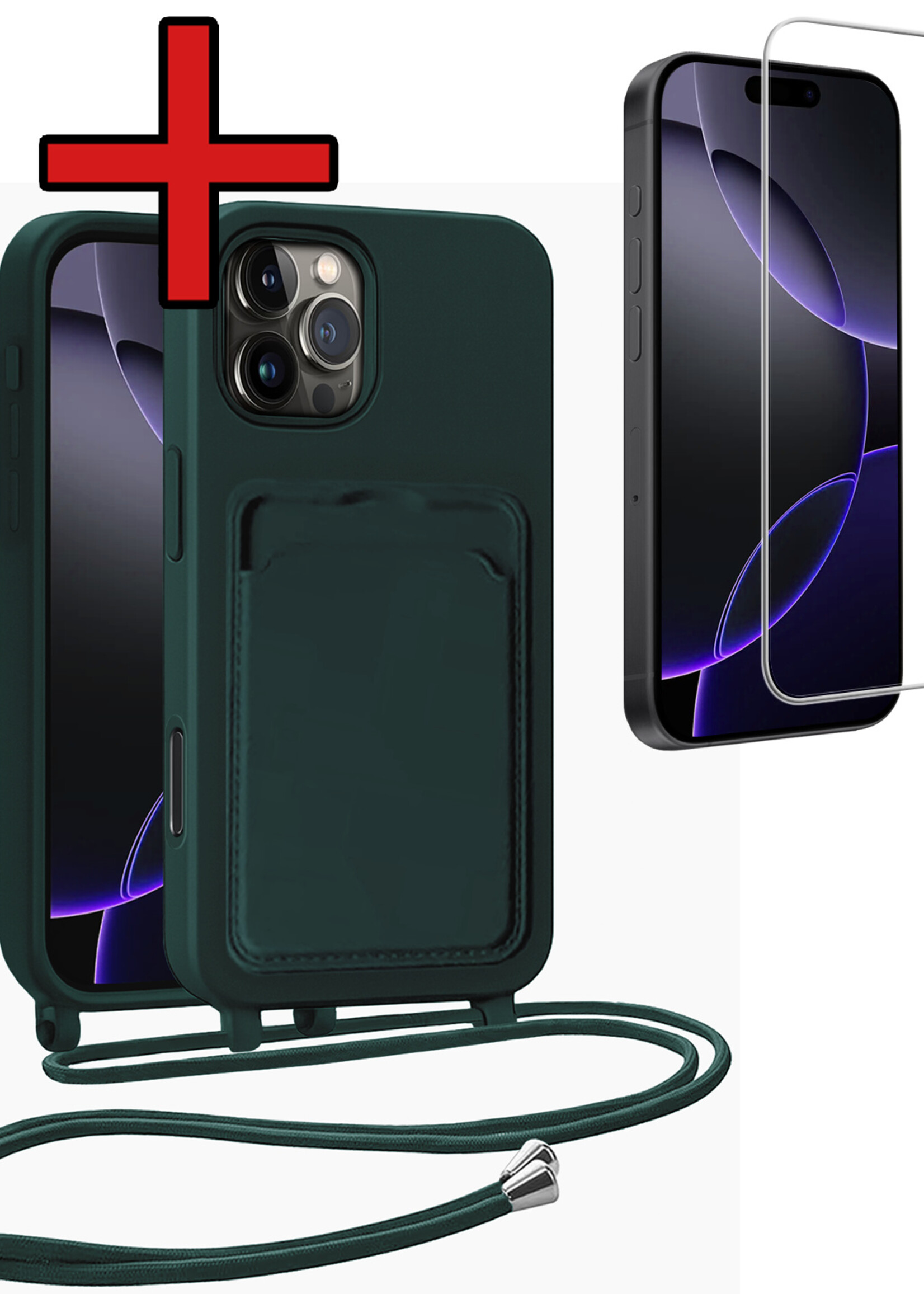 BTH BTH iPhone 16 Pro Hoesje Pashouder met Koord Met Screenprotector - Donkergroen