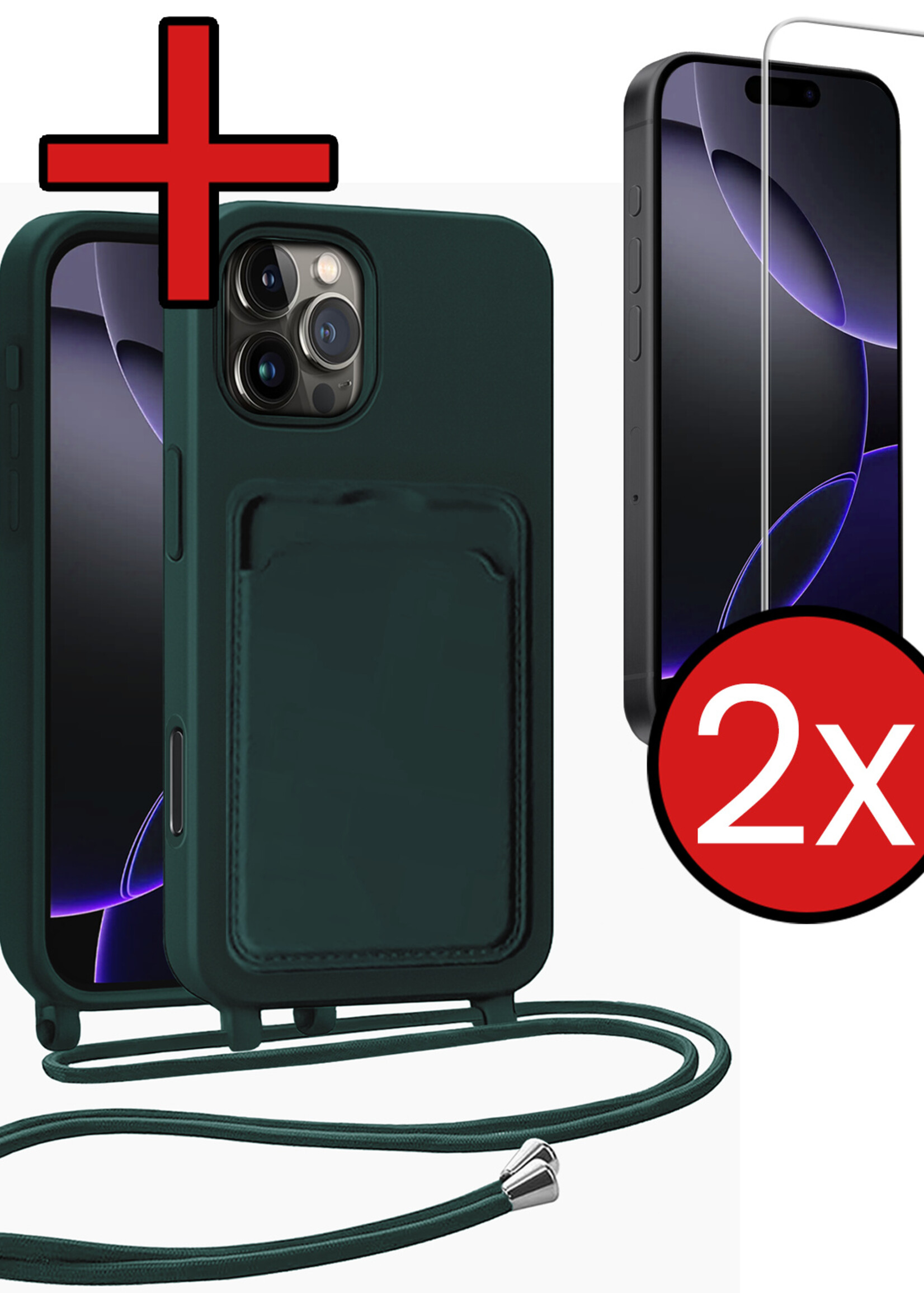 BTH BTH iPhone 16 Pro Hoesje Pashouder met Koord Met 2x Screenprotector - Donkergroen
