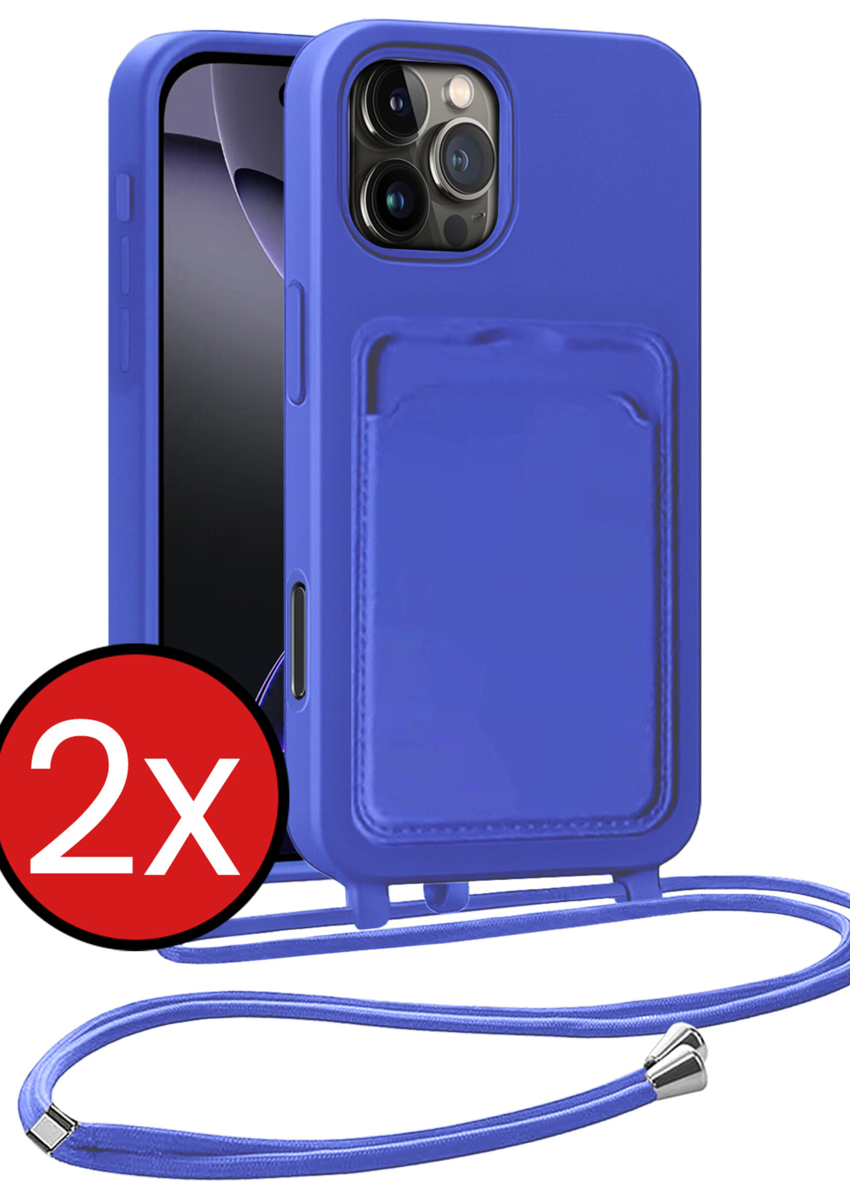 BTH BTH iPhone 16 Pro Hoesje Pashouder met Koord - Fel Blauw - 2 PACK