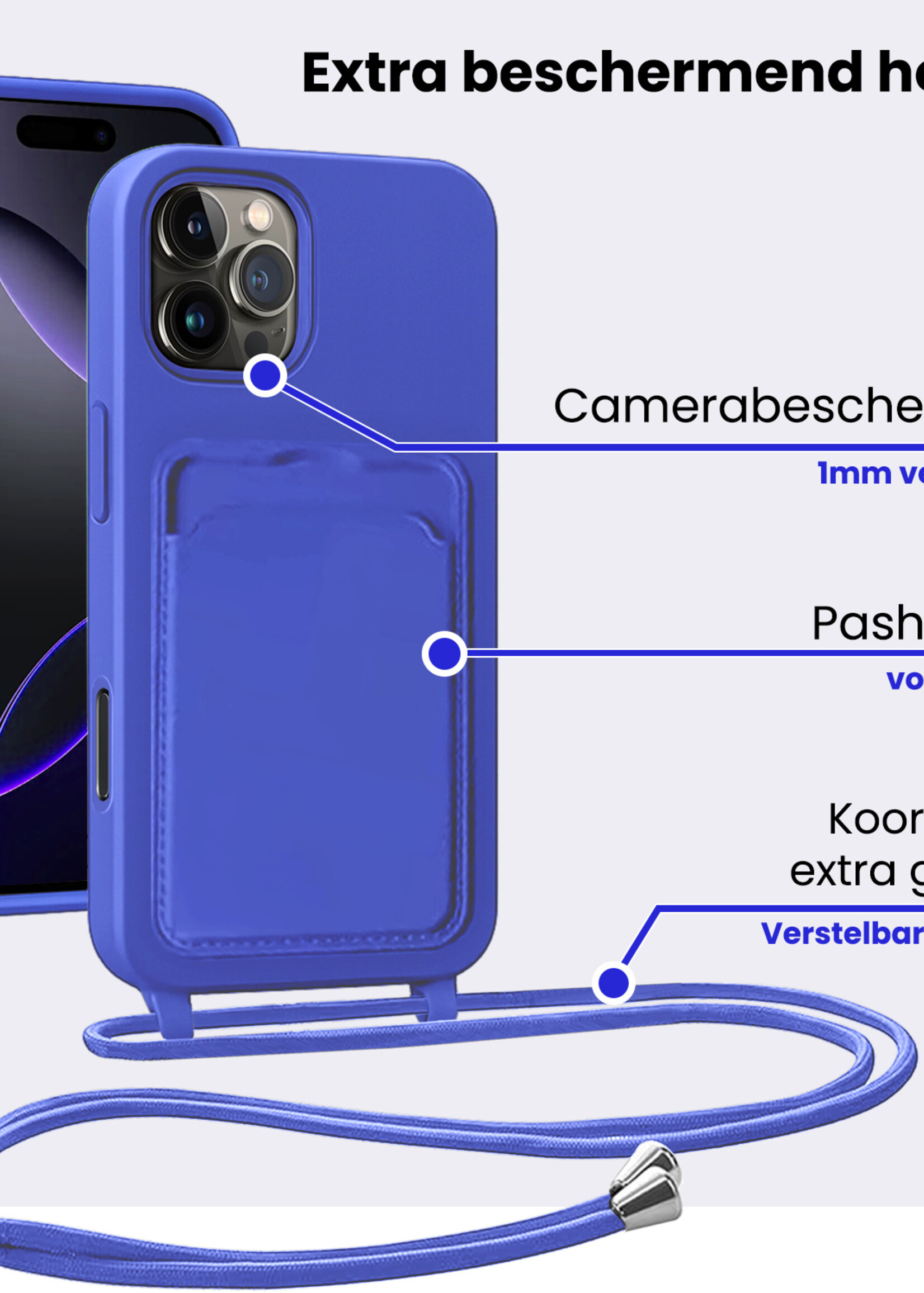 BTH BTH iPhone 16 Pro Hoesje Pashouder met Koord - Fel Blauw - 2 PACK