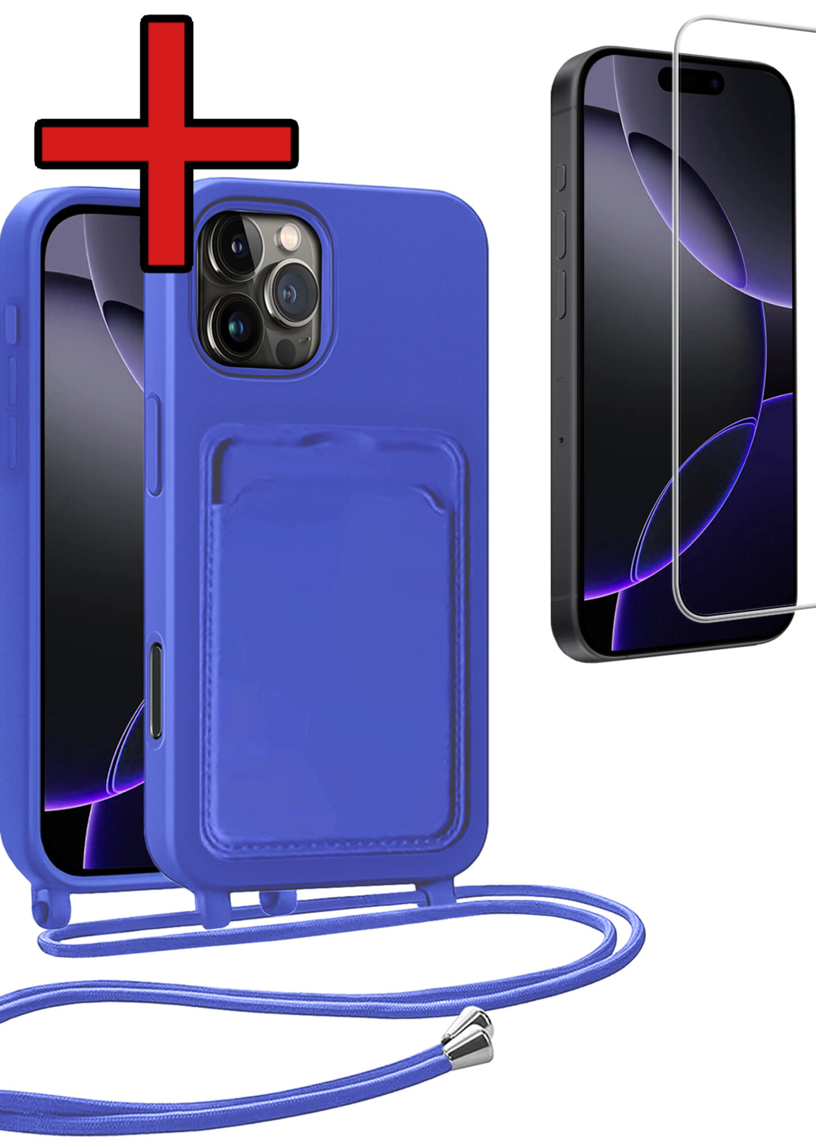 BTH BTH iPhone 16 Pro Hoesje Pashouder met Koord Met Screenprotector - Fel Blauw