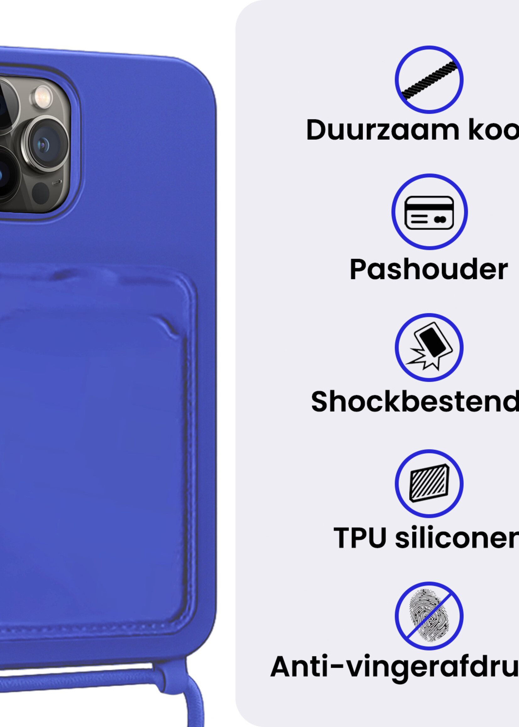 BTH BTH iPhone 16 Pro Hoesje Pashouder met Koord Met 2x Screenprotector - Fel Blauw