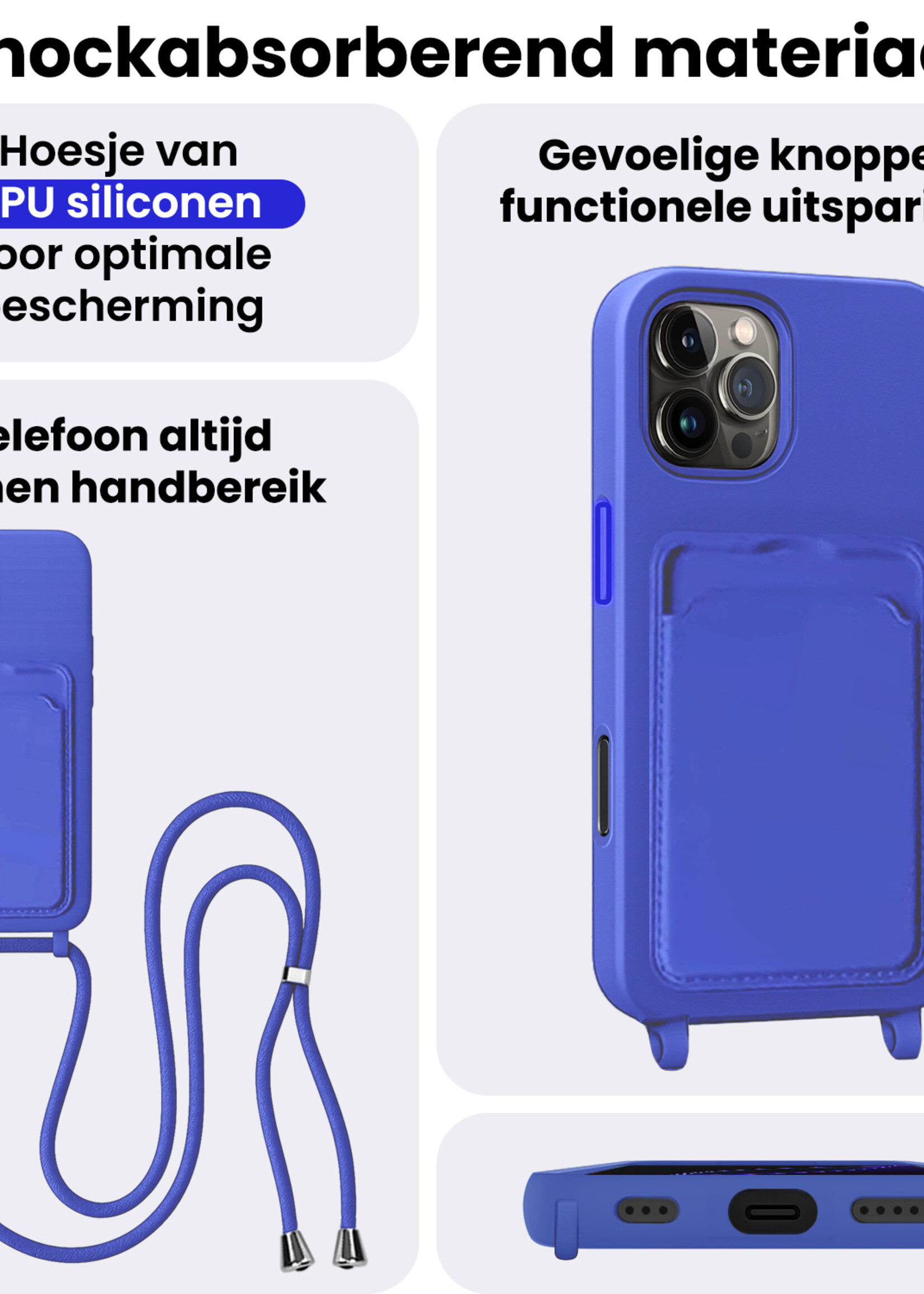 BTH BTH iPhone 16 Pro Hoesje Pashouder met Koord Met 2x Screenprotector - Fel Blauw