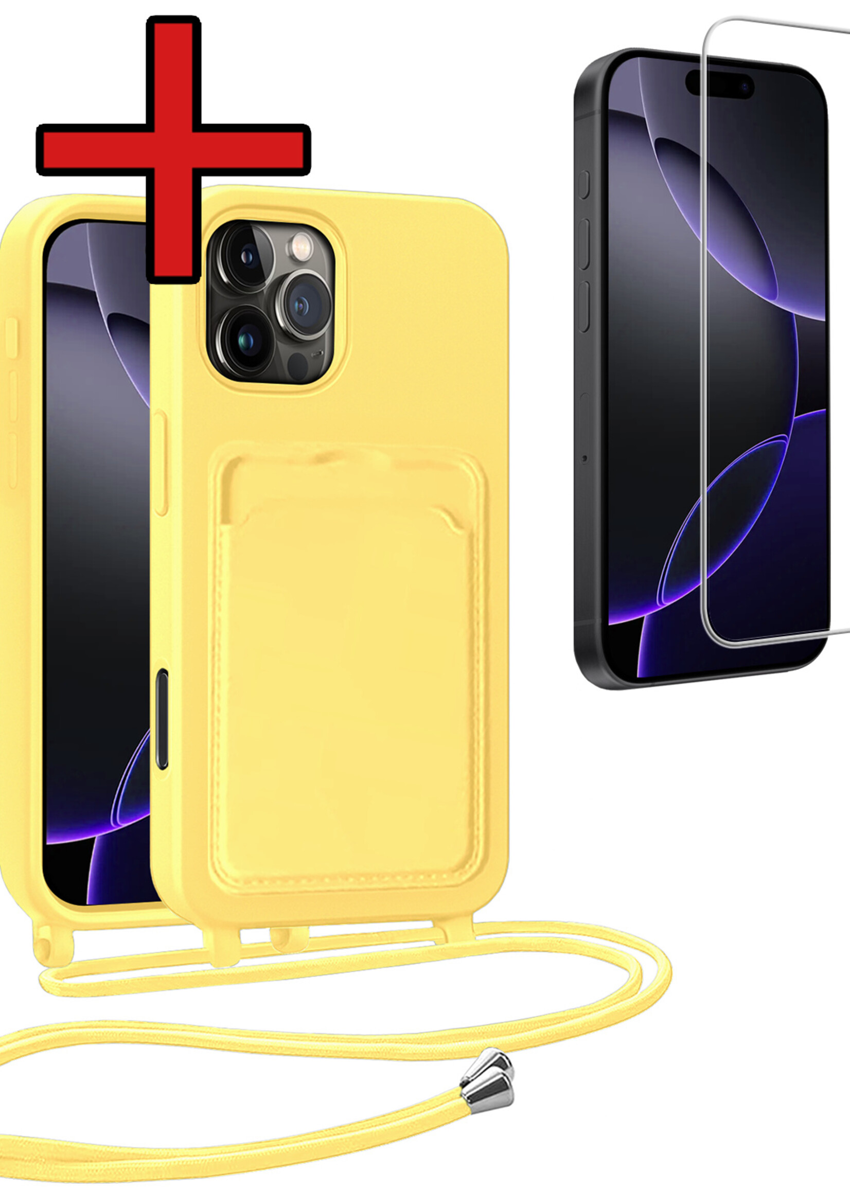 BTH BTH iPhone 16 Pro Hoesje Pashouder met Koord Met Screenprotector - Geel