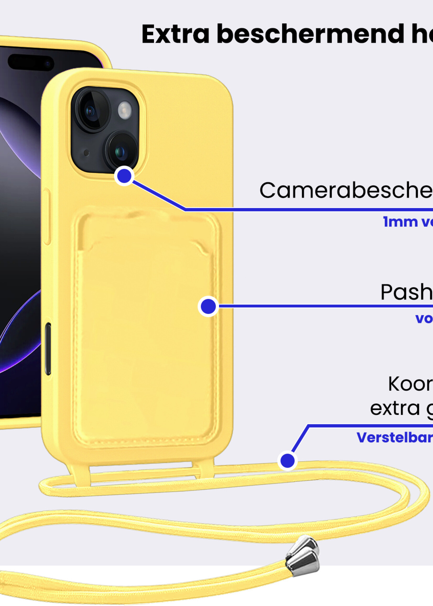 BTH BTH iPhone 16 Pro Hoesje Pashouder met Koord Met Screenprotector - Geel