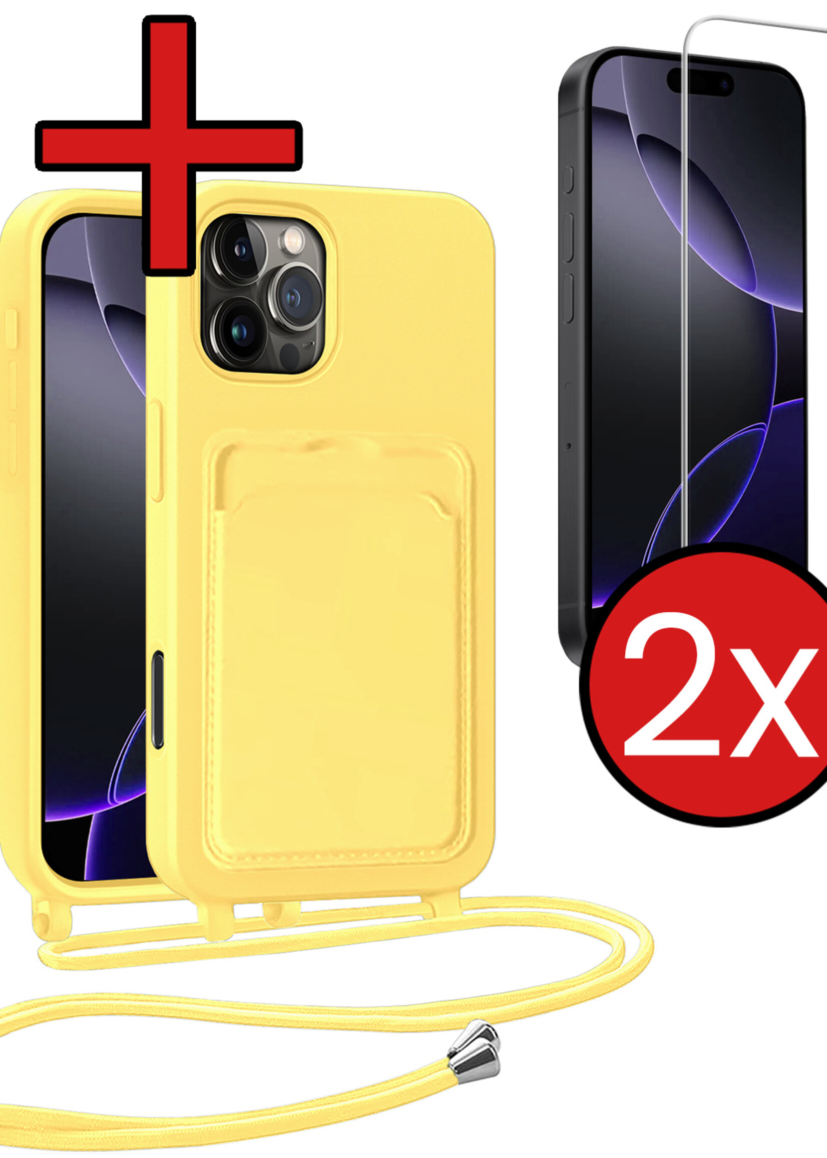BTH BTH iPhone 16 Pro Hoesje Pashouder met Koord Met 2x Screenprotector - Geel