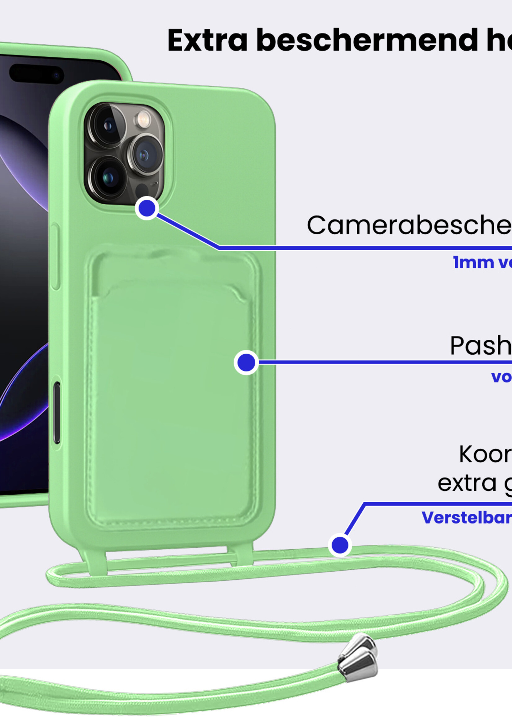 BTH BTH iPhone 16 Pro Hoesje Pashouder met Koord - Groen